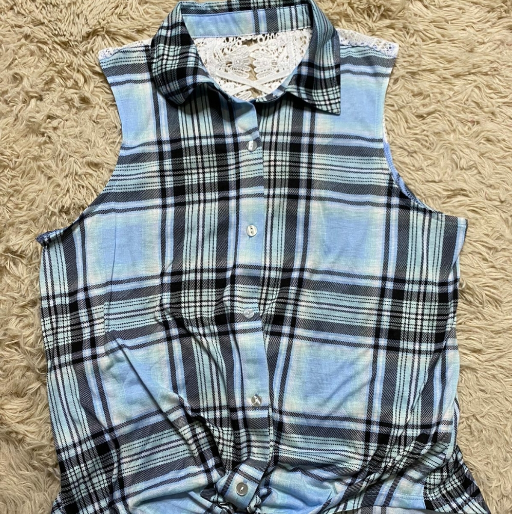 Plaid Blue Shirt Sleeveless Buttons Down Collar Laced BackTop/Size3XL